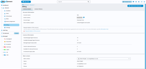 Billing page of 247connect showing account, licence and primary contact.  Sidebar shows Account > Billing is selected.